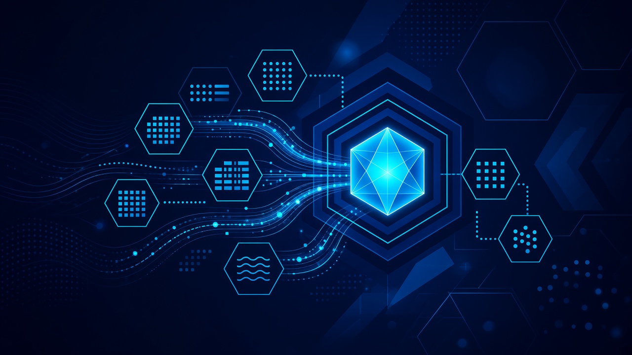 Ilustración corporativa navy y cyan de arquitectura de datos alimentando un núcleo de inteligencia artificial