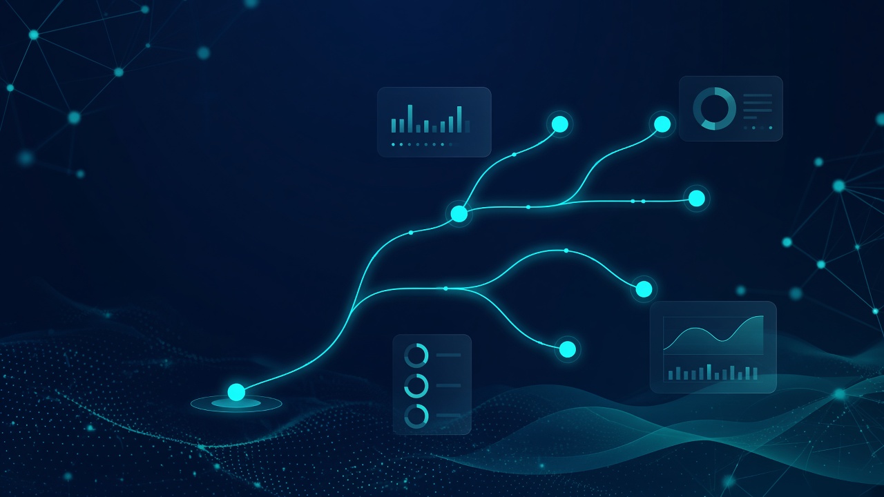 Ilustración corporativa abstracta navy y cyan sobre decision intelligence y flujos de datos