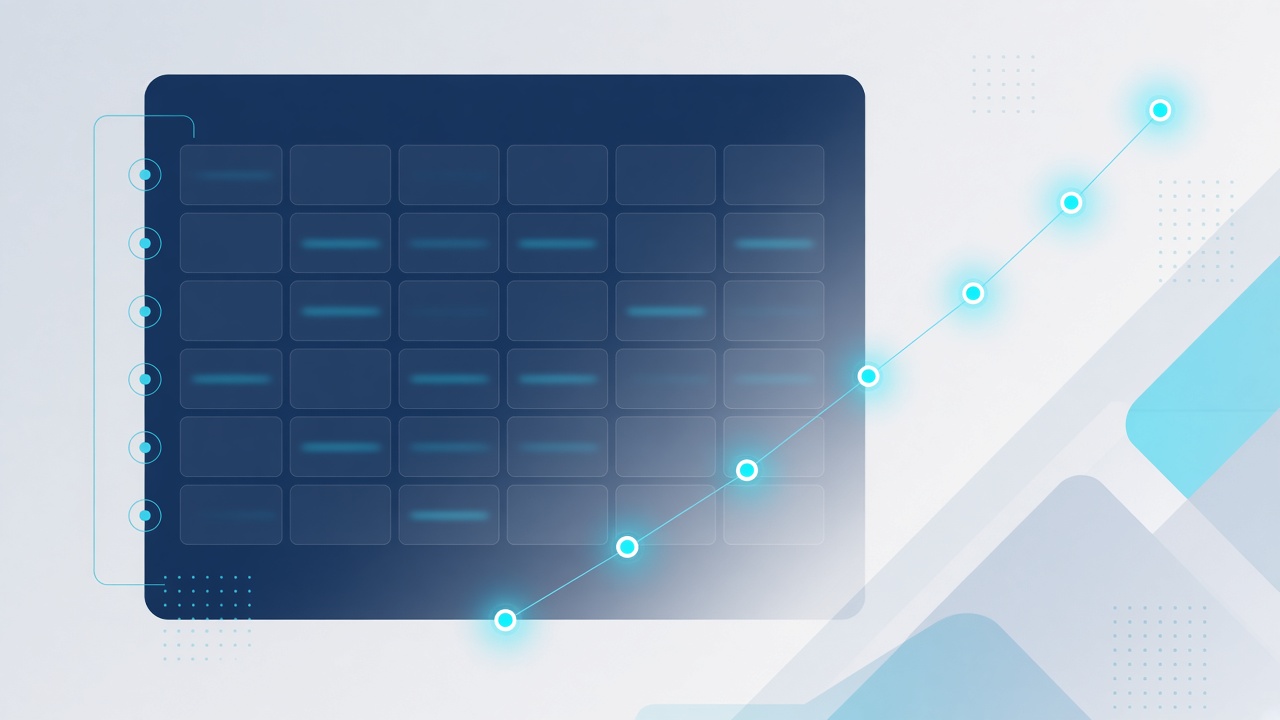 Ilustración corporativa abstracta de matriz de priorización y tendencia de datos en navy y cyan