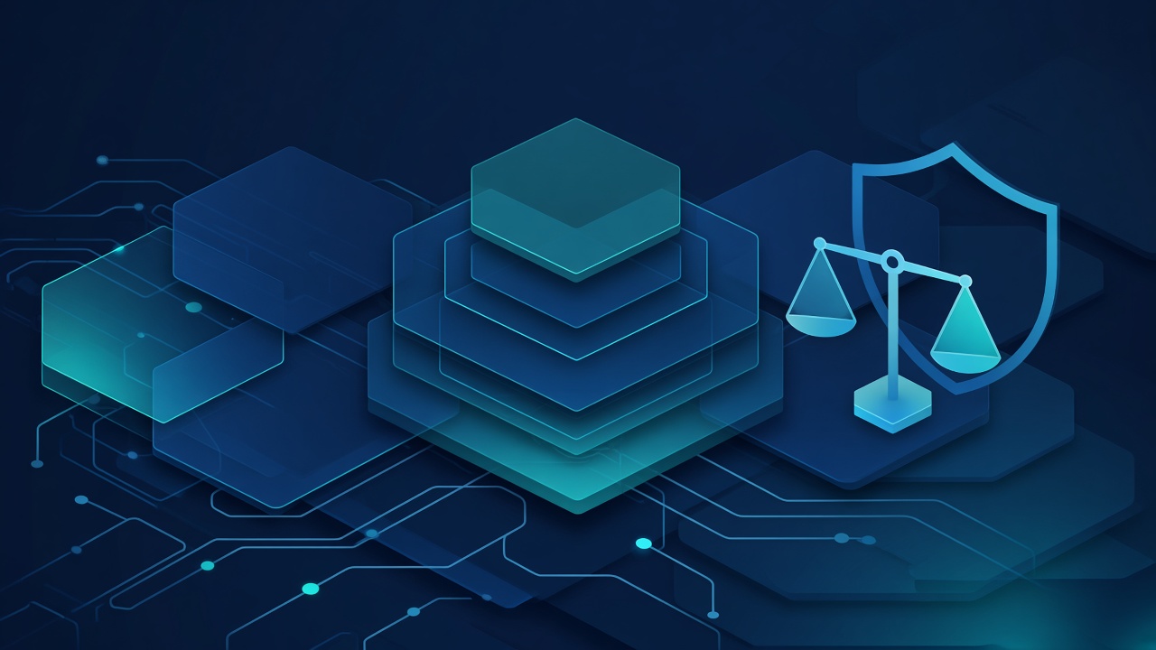 Ilustración corporativa abstracta navy y cyan sobre gobierno de inteligencia artificial